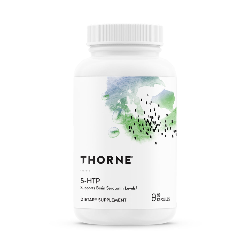 THORNE 5-HTP bottle label closeup highlighting vitamin B6 for sleep support