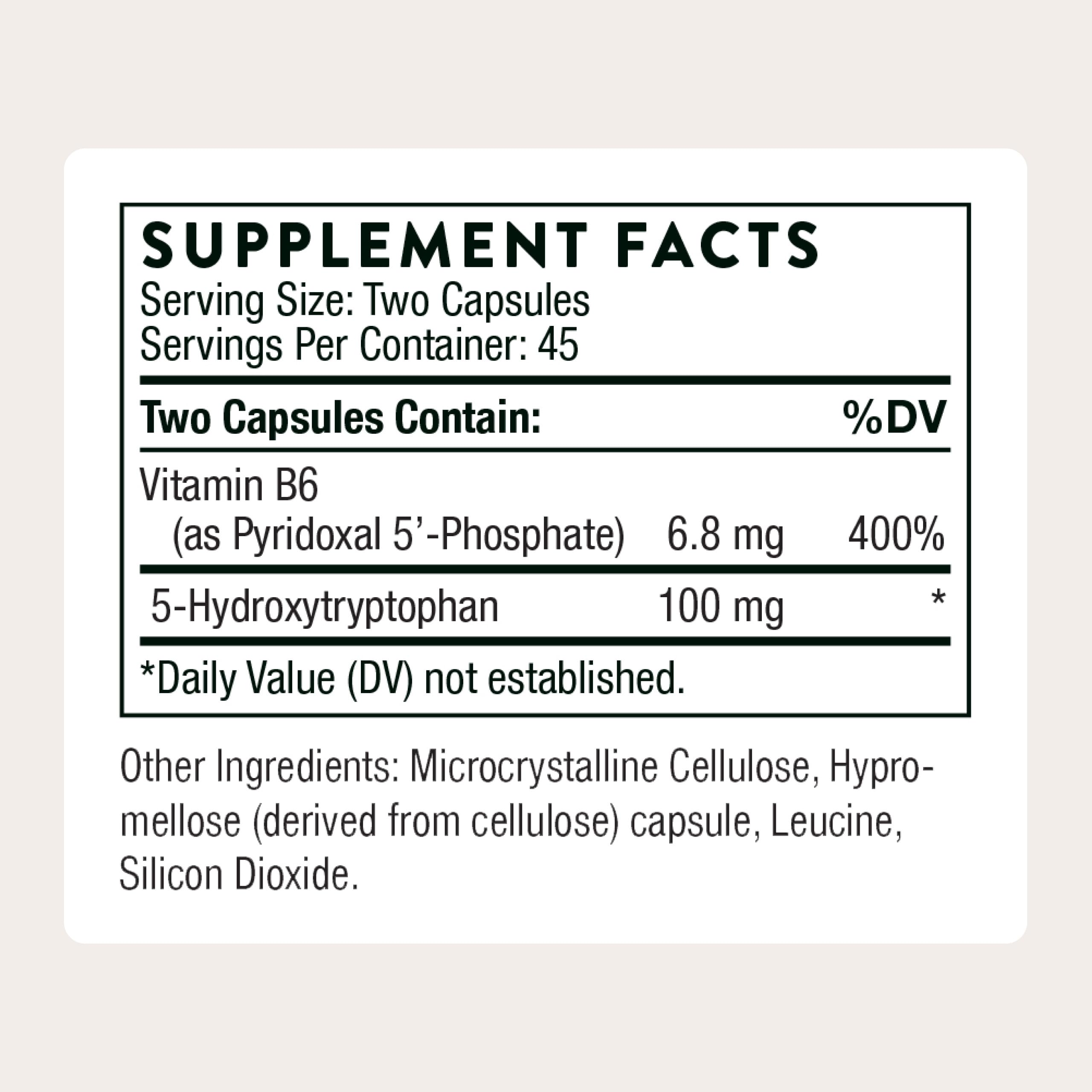 THORNE 5-HTP capsules pour illustrating easy daily use for stress management