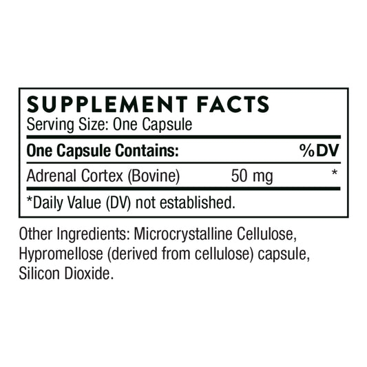 Close-up of THORNE Adrenal Cortex bottle on a white background