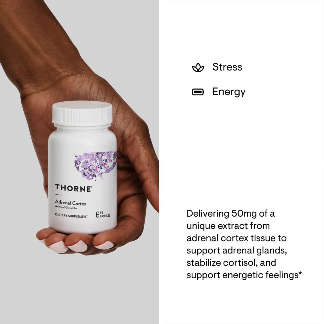 THORNE Adrenal Cortex product packaging and bottle on desk