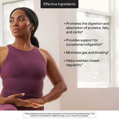 Thorne digestive support beside a fatty meal, suggesting post-meal comfort.