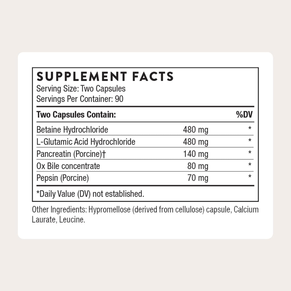 Thorne bottle label close-up showing the enzyme blend for digestion.
