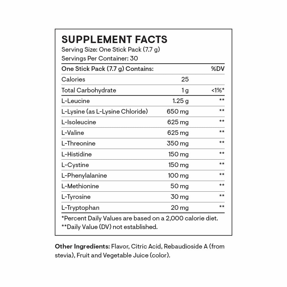 Close-up of ingredients and amino acids in Thorne Amino Complex