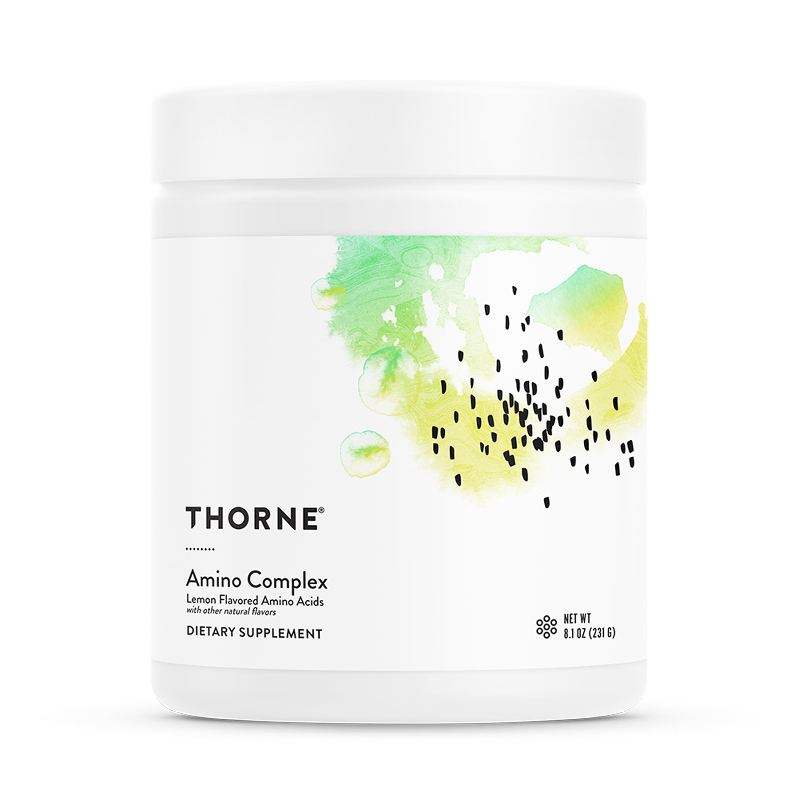 THORNE Amino Complex bottle on a gym counter, supporting lean muscle and recovery.