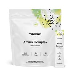 THORNE Amino Complex lemon bottle on gym shelf for lean muscle support