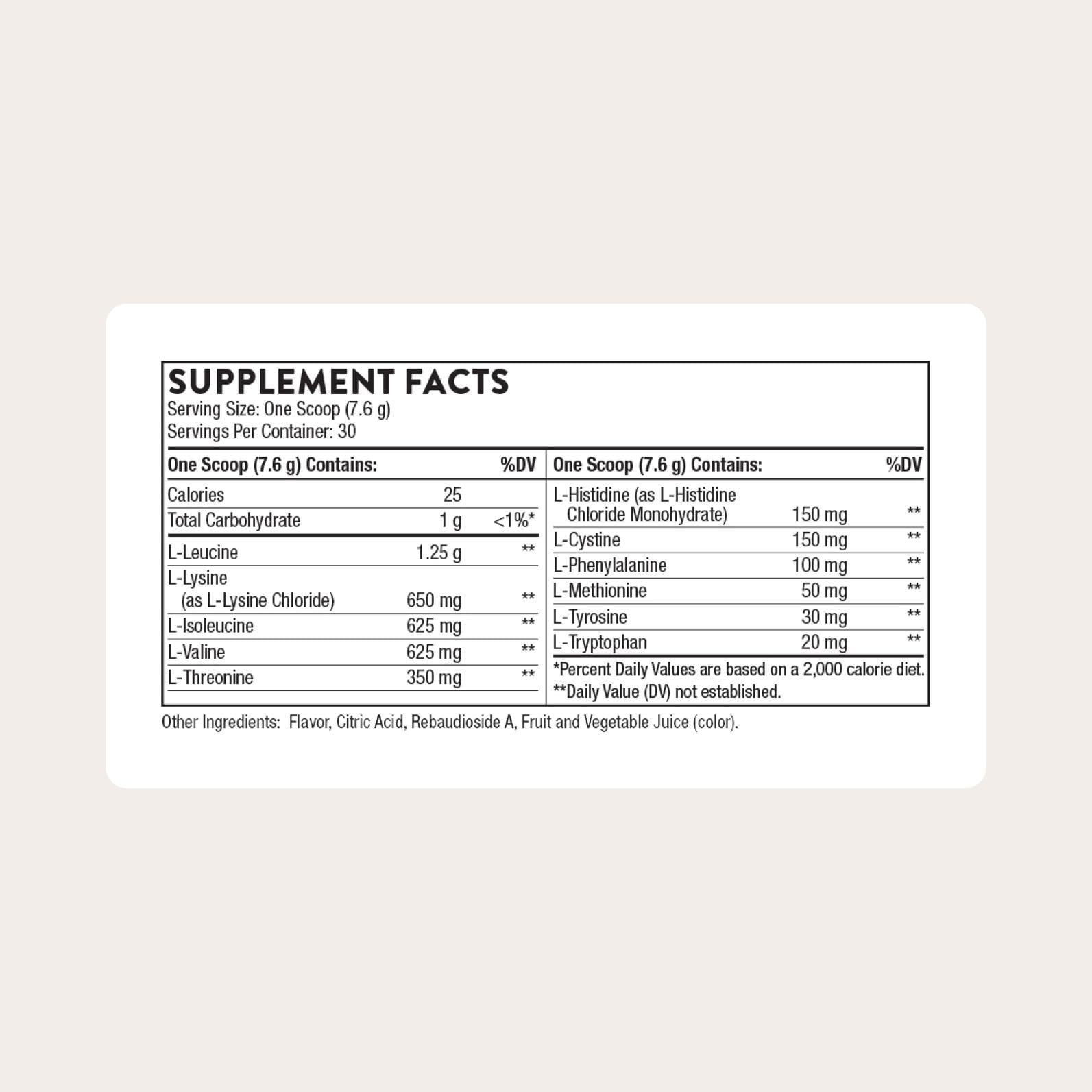 THORNE Amino Complex nutrition panel shows 9 essential amino acids and 2:1:1 BCAAs.
