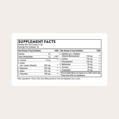 THORNE Amino Complex nutrition panel shows 9 essential amino acids and 2:1:1 BCAAs.