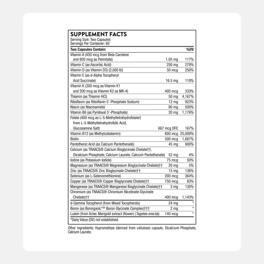 Label of THORNE Basic Nutrients 2/Day showing ingredients