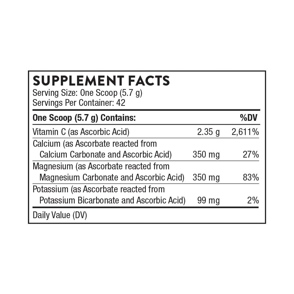 Back panel of Thorne Buffered C Powder bottle showing supplement facts