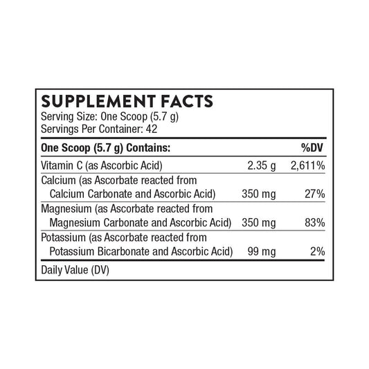 Back panel of Thorne Buffered C Powder bottle showing supplement facts