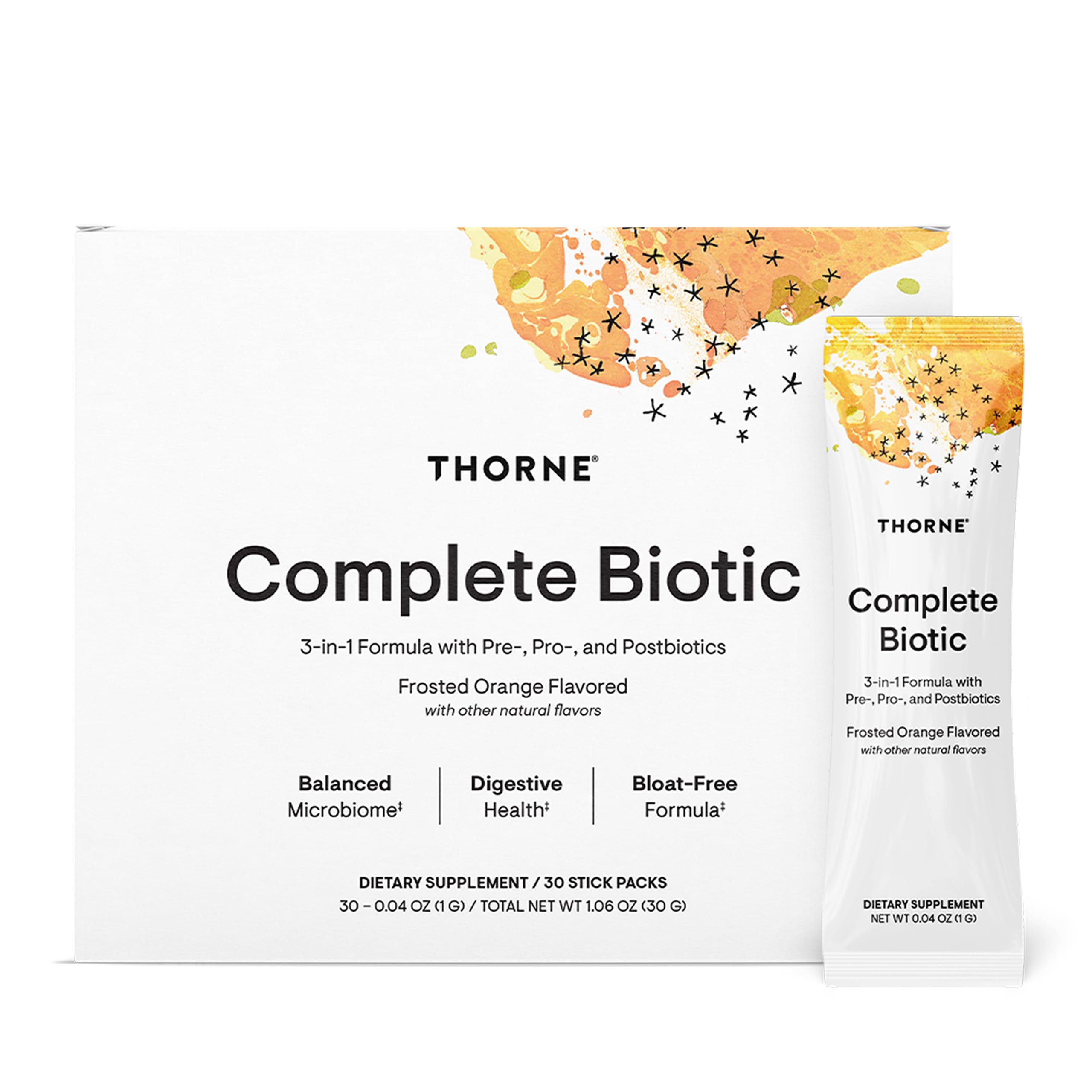 Thorne Complete Biotic bottle showing the 3‑in‑1 blend for daily gut support