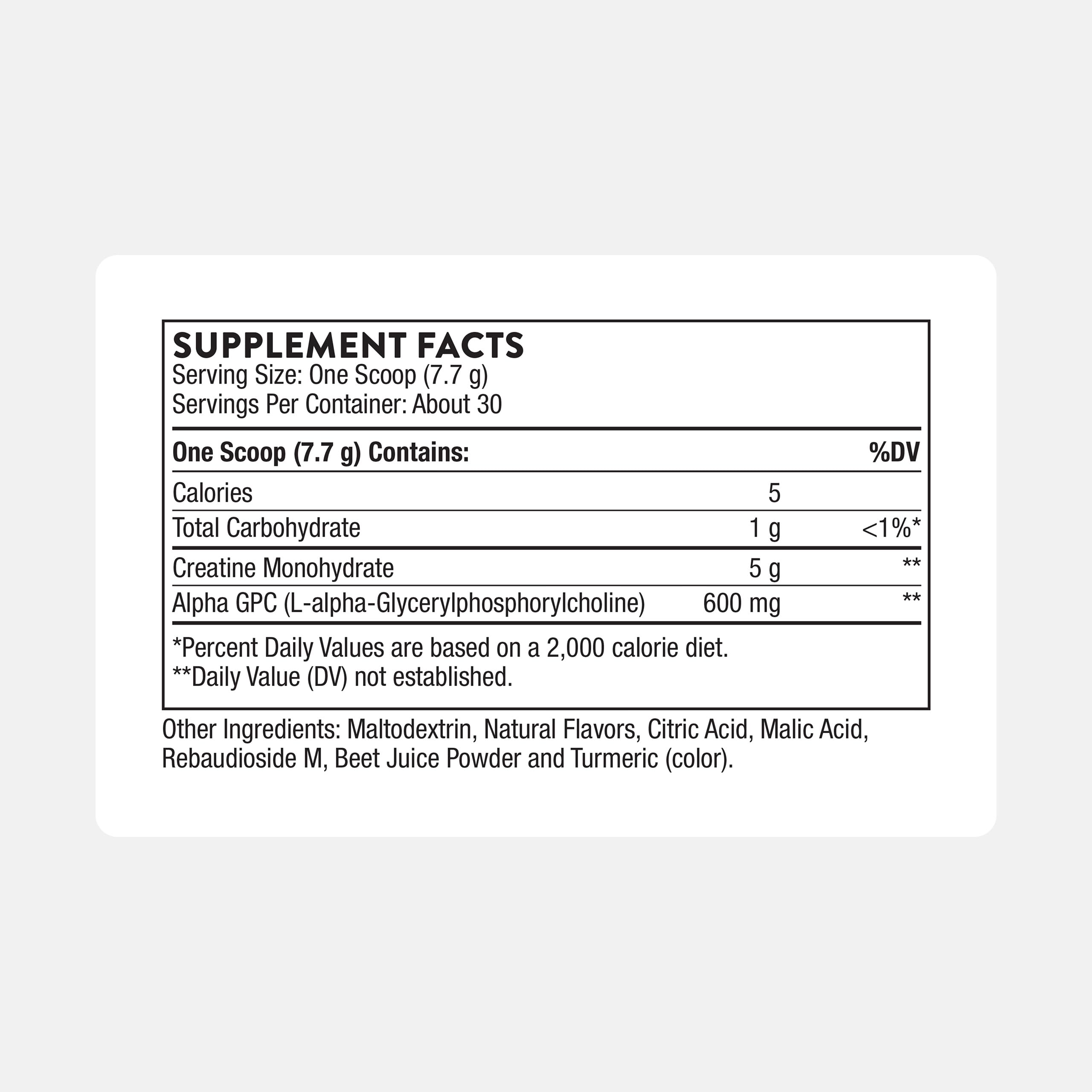 Creatine + Alpha-GPC powder scoop next to bottle