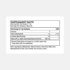 Creatine + Alpha-GPC powder scoop next to bottle