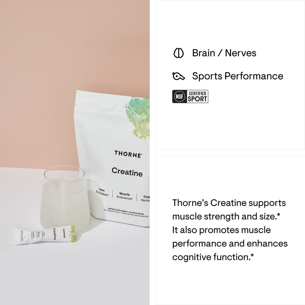 Nutrition facts panel close-up on THORNE Creatine label