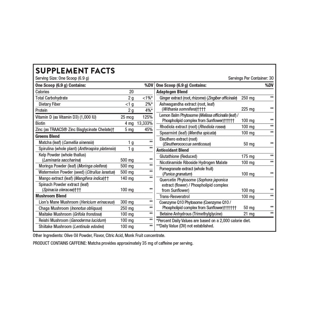 Greens blend featuring matcha, spirulina, moringa