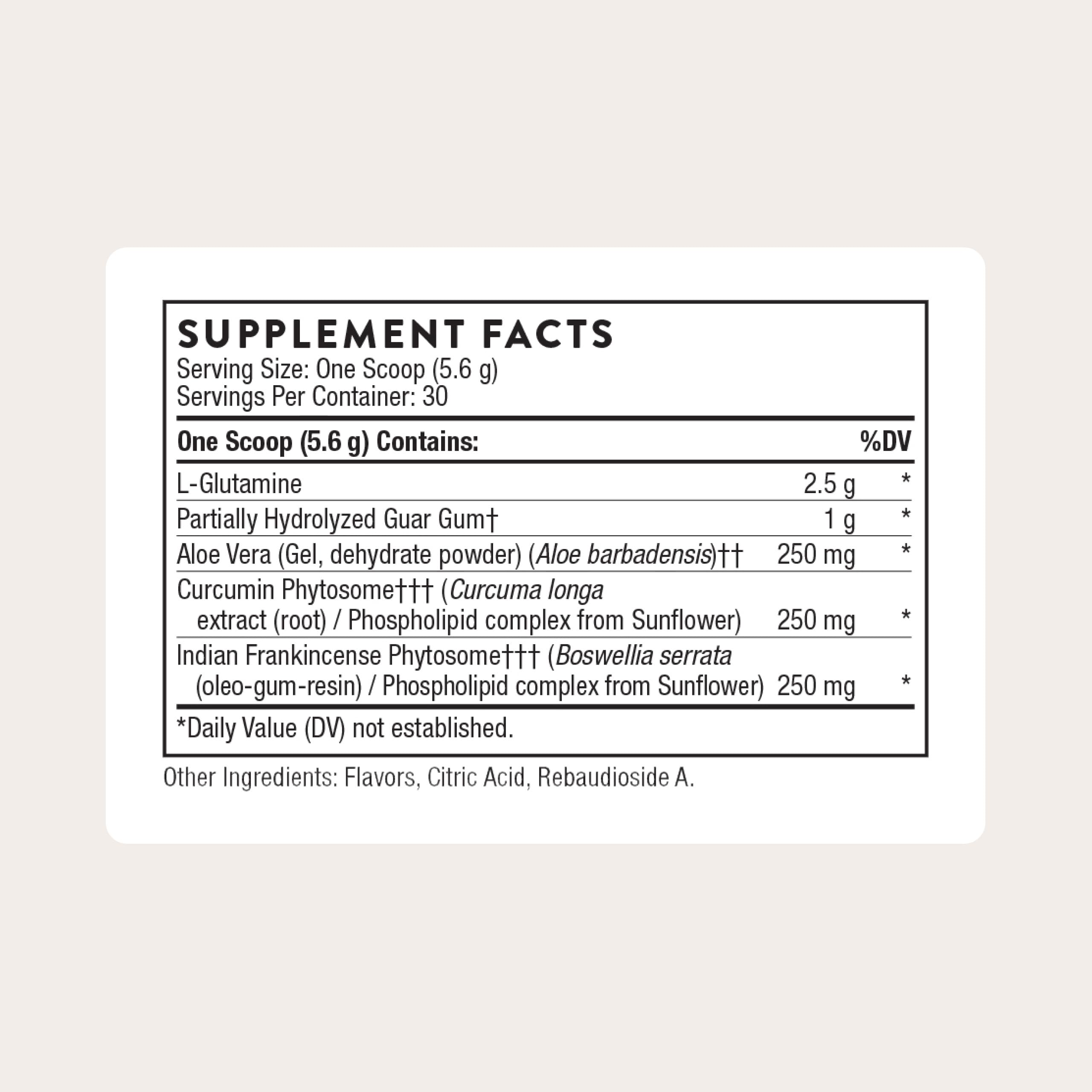 Close-up of EnteroMend label highlighting aloe, curcumin, and L-glutamine blend.