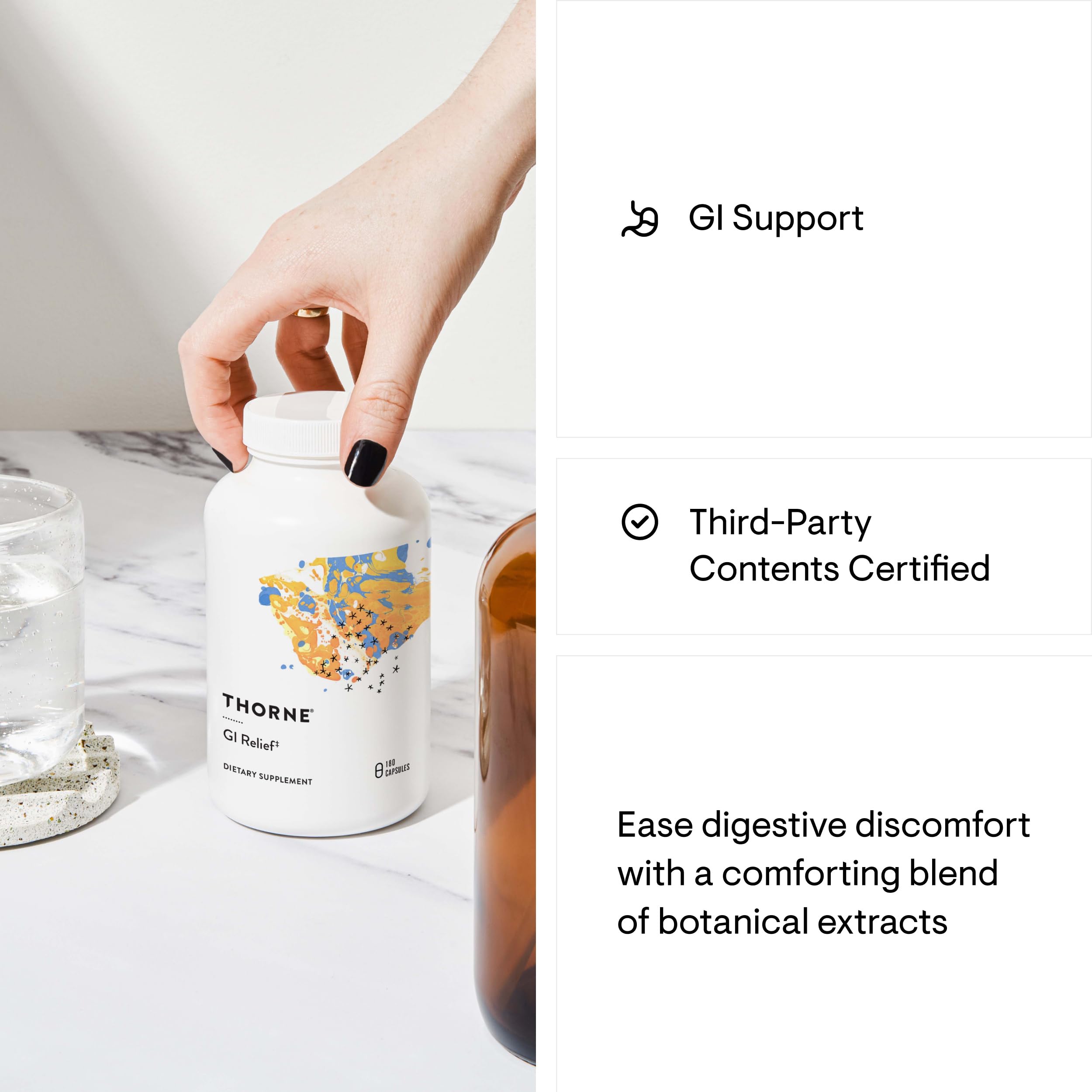 Third-party certification seal on THORNE GI Relief packaging