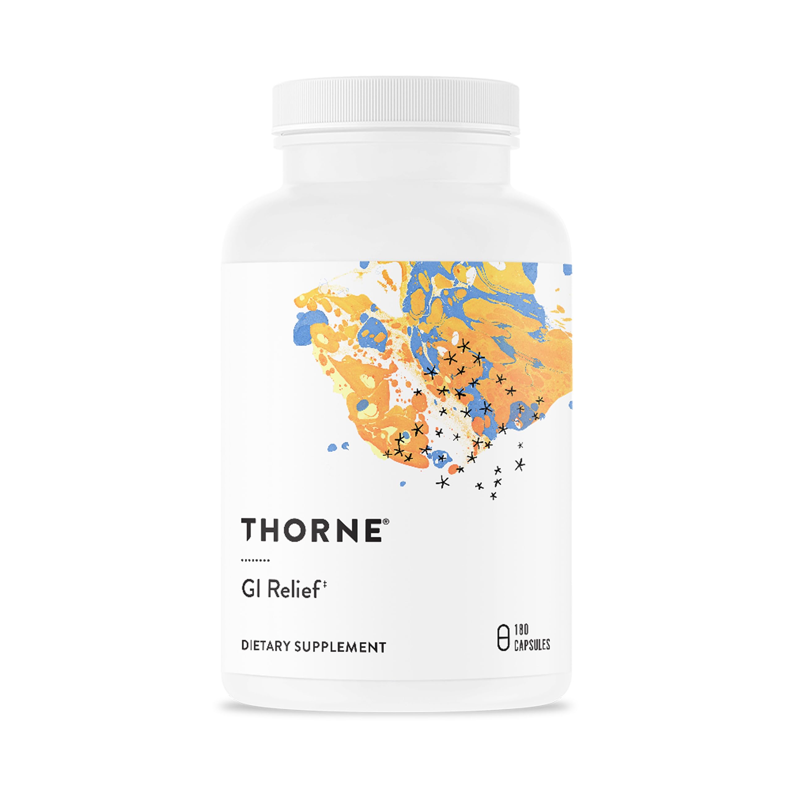 THORNE GI Relief bottle label showcases trusted digestive support for daily comfort.