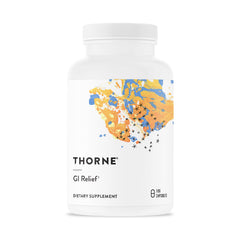 THORNE GI Relief bottle label showcases trusted digestive support for daily comfort.