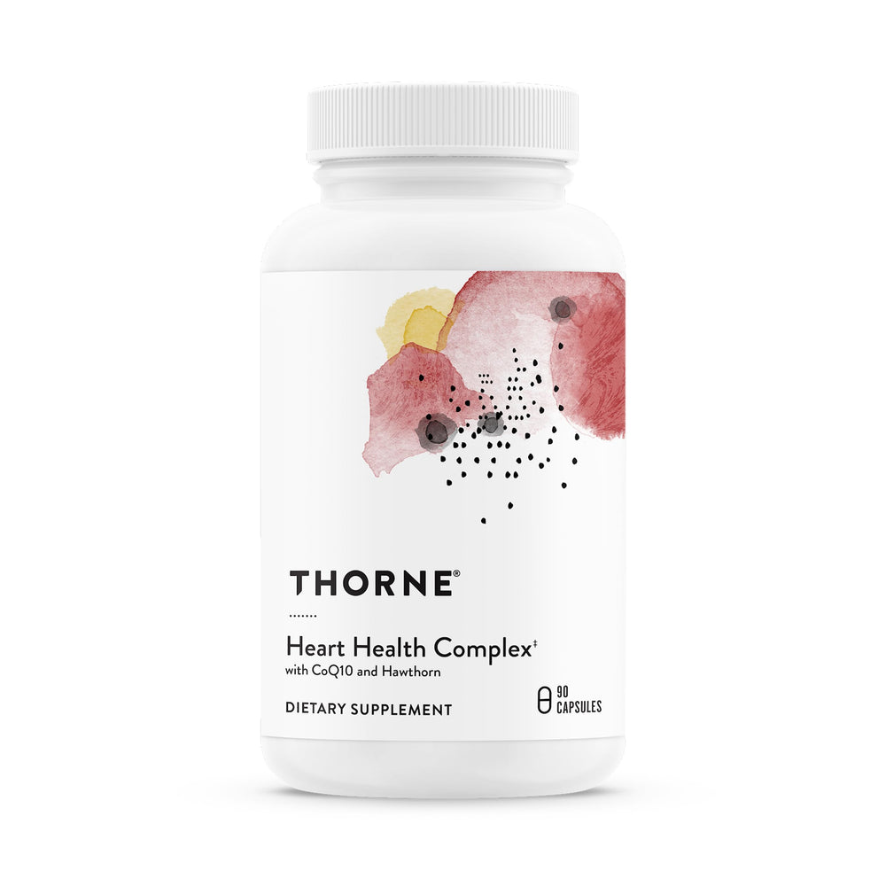 Thorne Heart Health Complex bottle front highlighting CoQ10 blend for heart support.