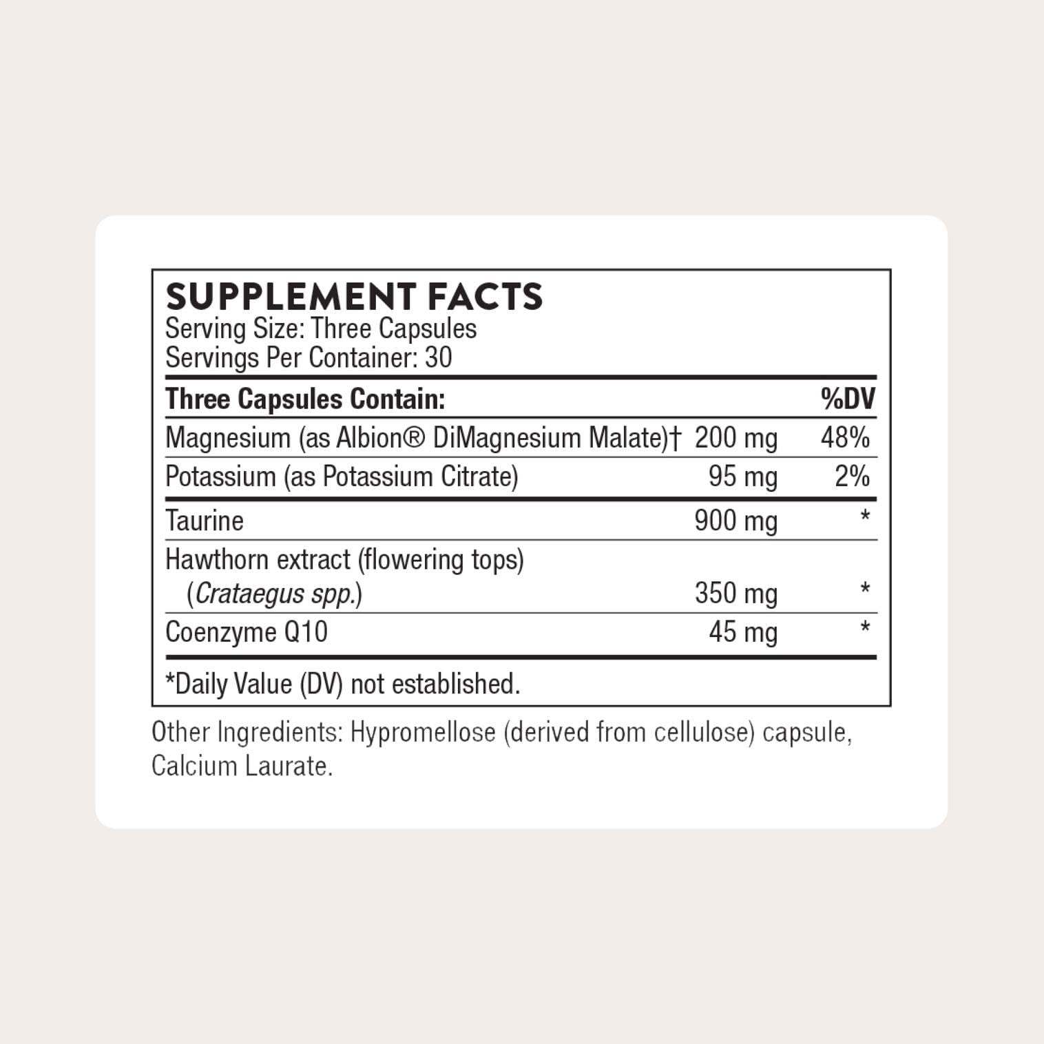 Thorne Heart Health Complex bottle label showcasing hawthorn and minerals for circulation.