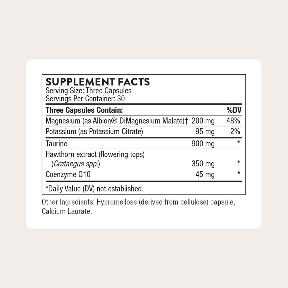 Thorne Heart Health Complex bottle label showcasing hawthorn and minerals for circulation.