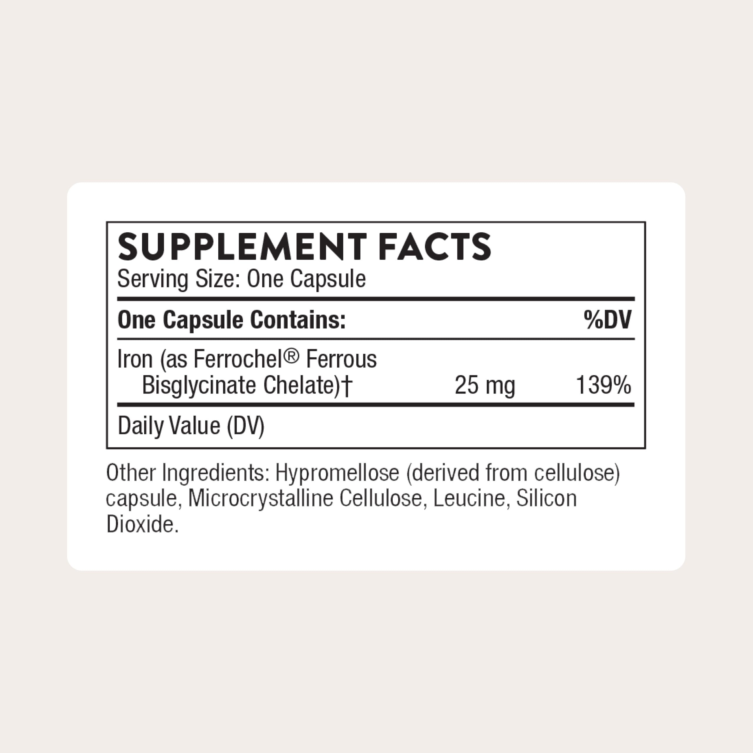 Close-up of THORNE Iron Bisglycinate 25 mg capsule