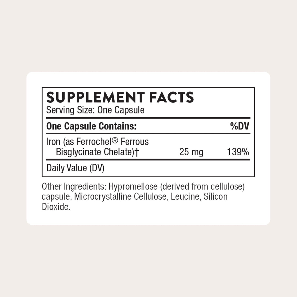 Close-up of THORNE Iron Bisglycinate 25 mg capsule