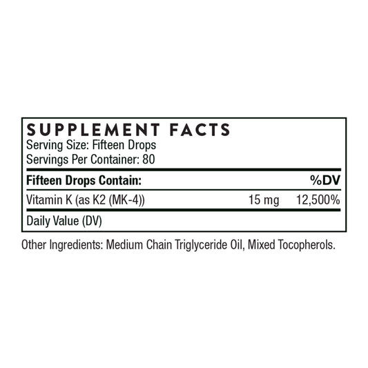 Self-dispensing dropper showing 1 mg vitamin K2 per drop