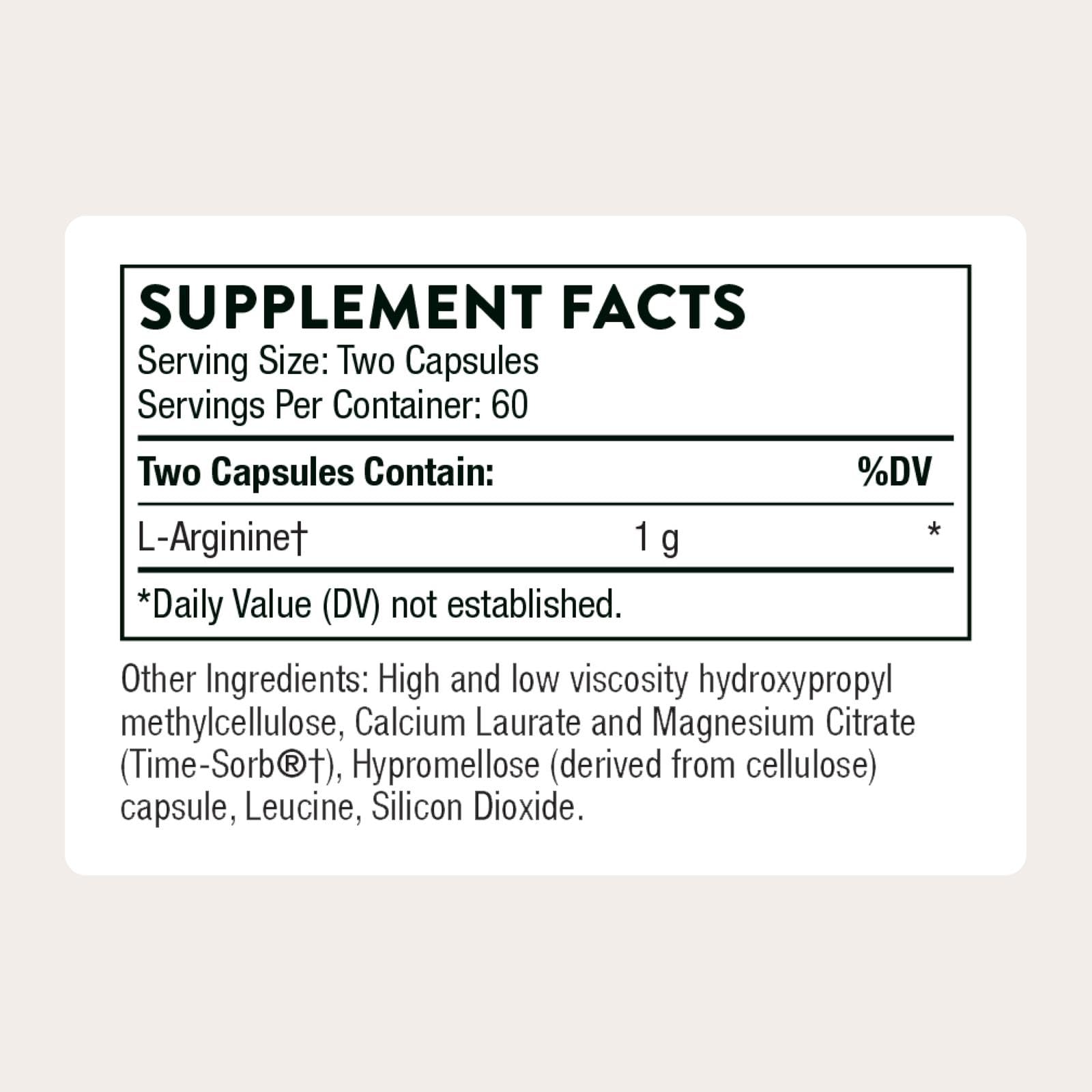 THORNE L-Arginine Sustained Release label close-up, highlighting transparent ingredients and servings.