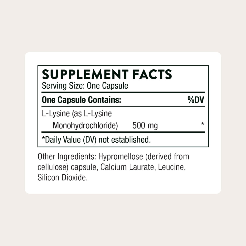 Close-up of Lysine bottle label showing 500 mg per serving