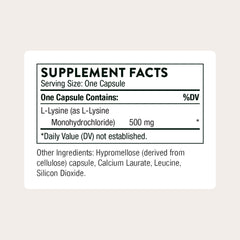 Close-up of Lysine bottle label showing 500 mg per serving