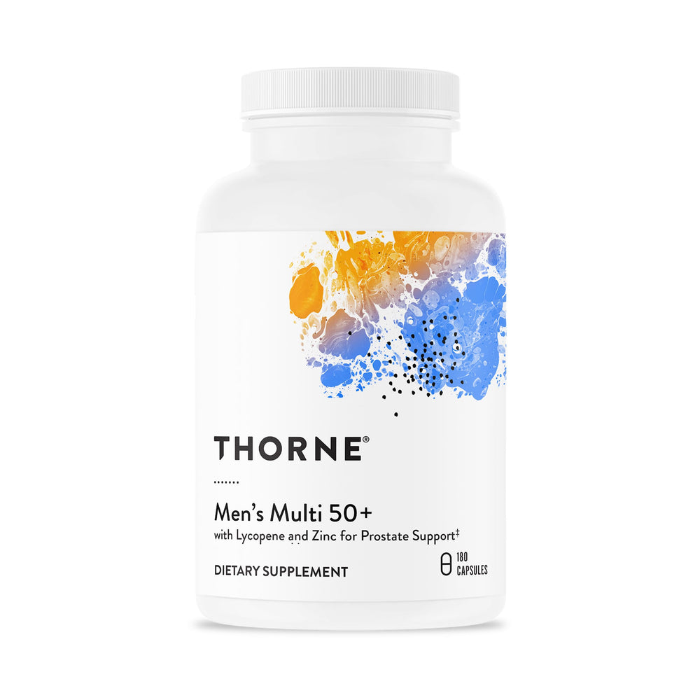Thorne Men's Multi 50+ bottle for daily wellness support.