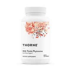 THORNE Milk Thistle Phytosome bottle highlighting liver support and antioxidant benefits.