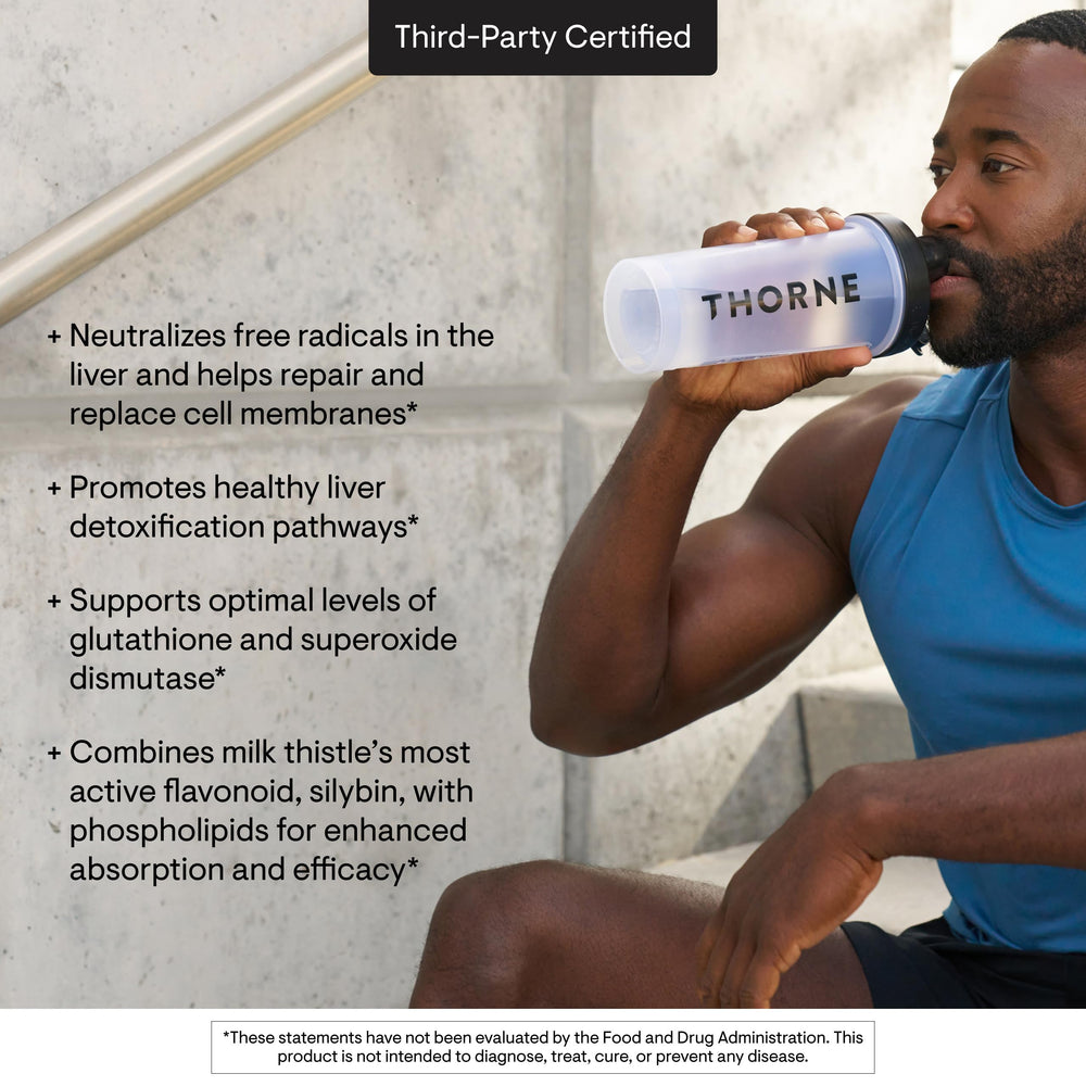 Third-party certification logos beside the THORNE Milk Thistle Phytosome label.