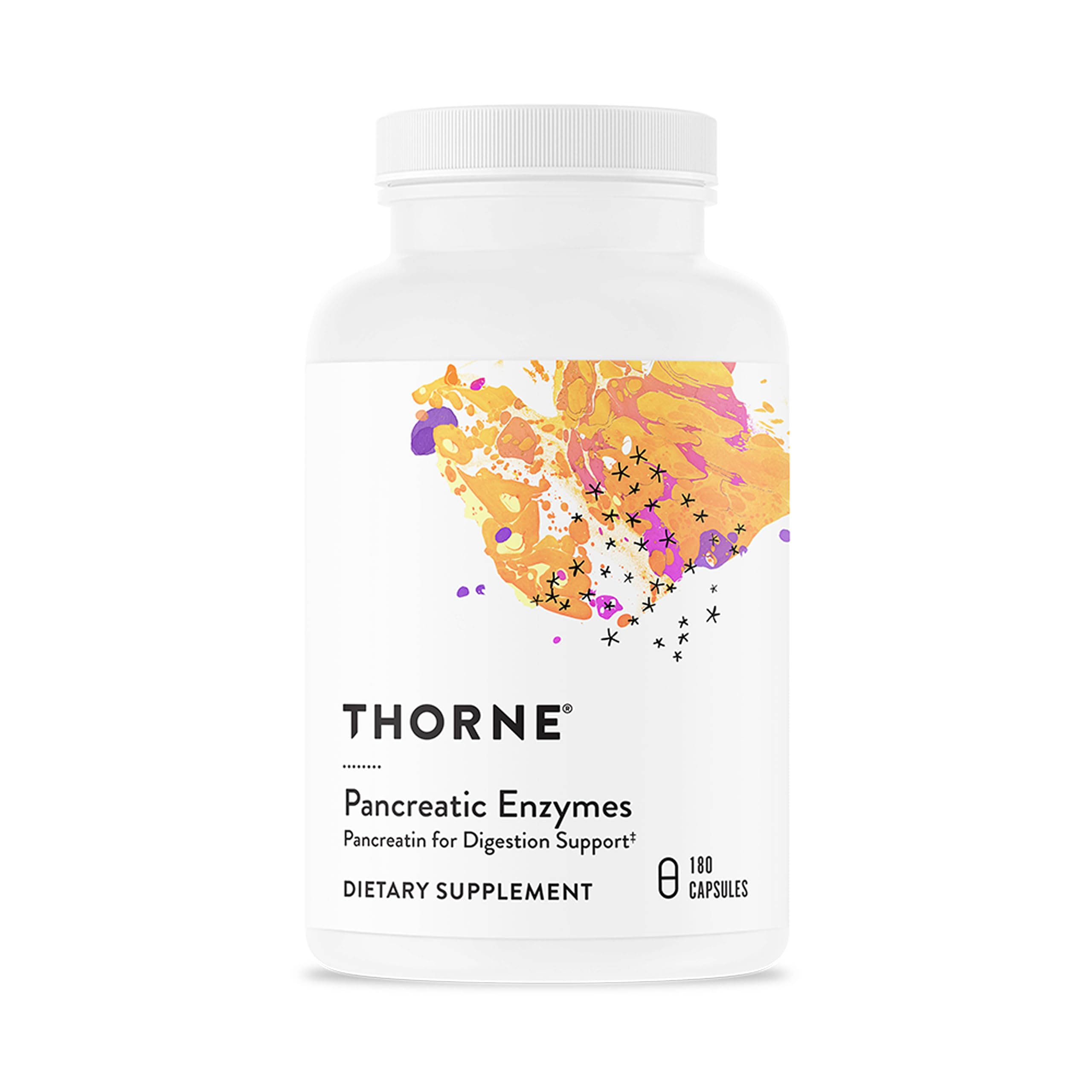 Thorne Pancreatic Enzymes bottle front for digestive support after meals.