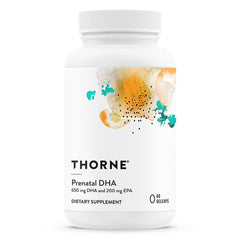 THORNE Prenatal DHA bottle with label showing 650 mg DHA and 200 mg EPA