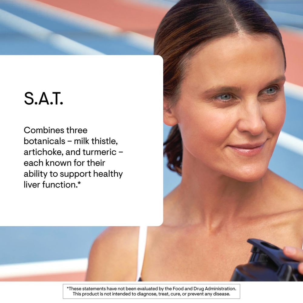 THORNE S.A.T. Milk Thistle Complex capsules closeup emphasizes optimized absorption features.
