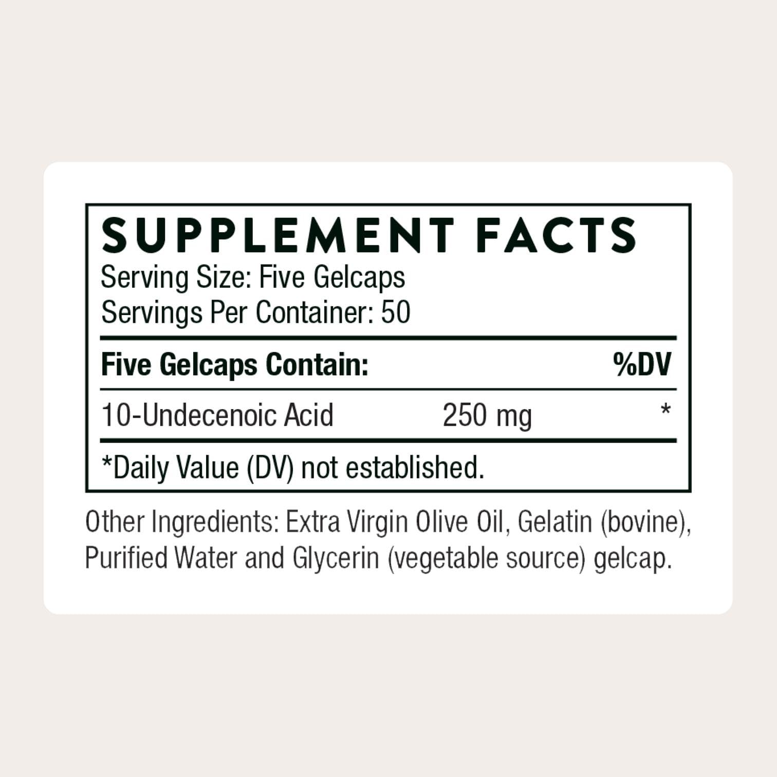 THORNE undecylenic acid capsules closeup suggests easy daily intake.