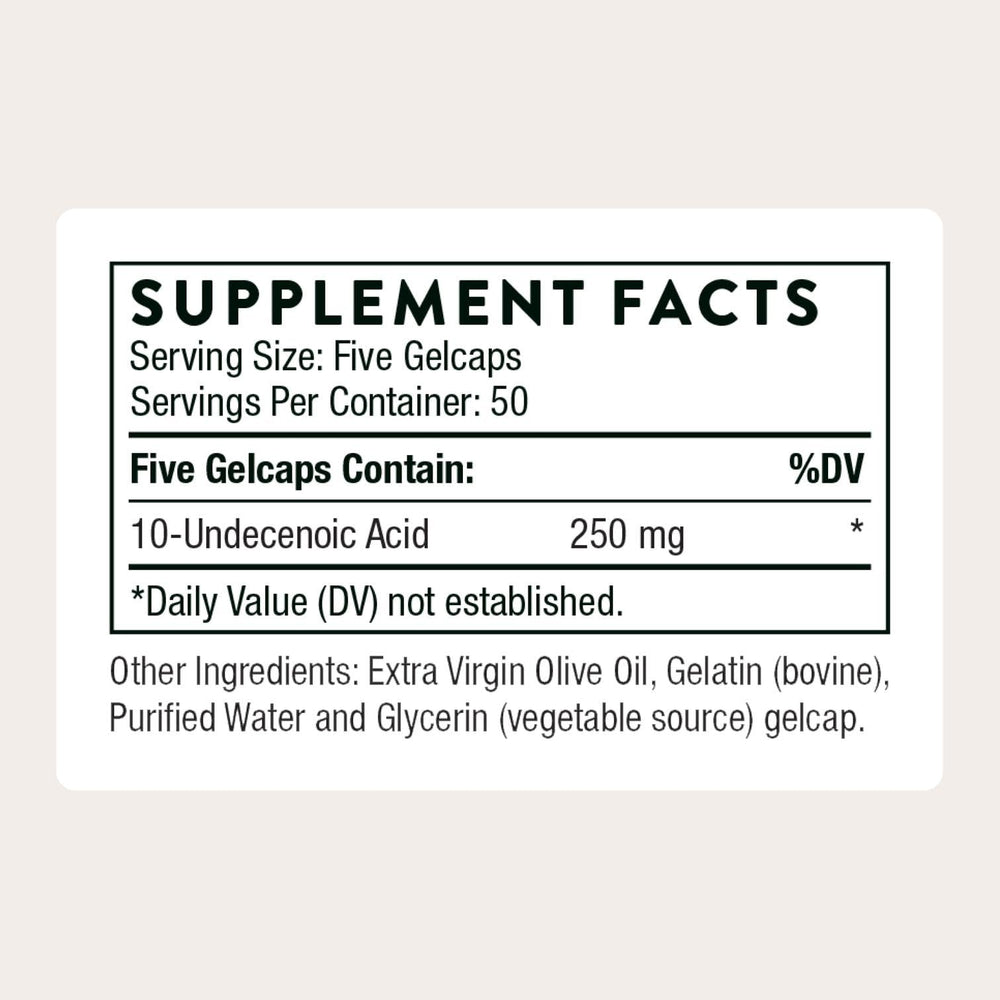 THORNE undecylenic acid capsules closeup suggests easy daily intake.