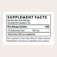 THORNE undecylenic acid capsules closeup suggests easy daily intake.