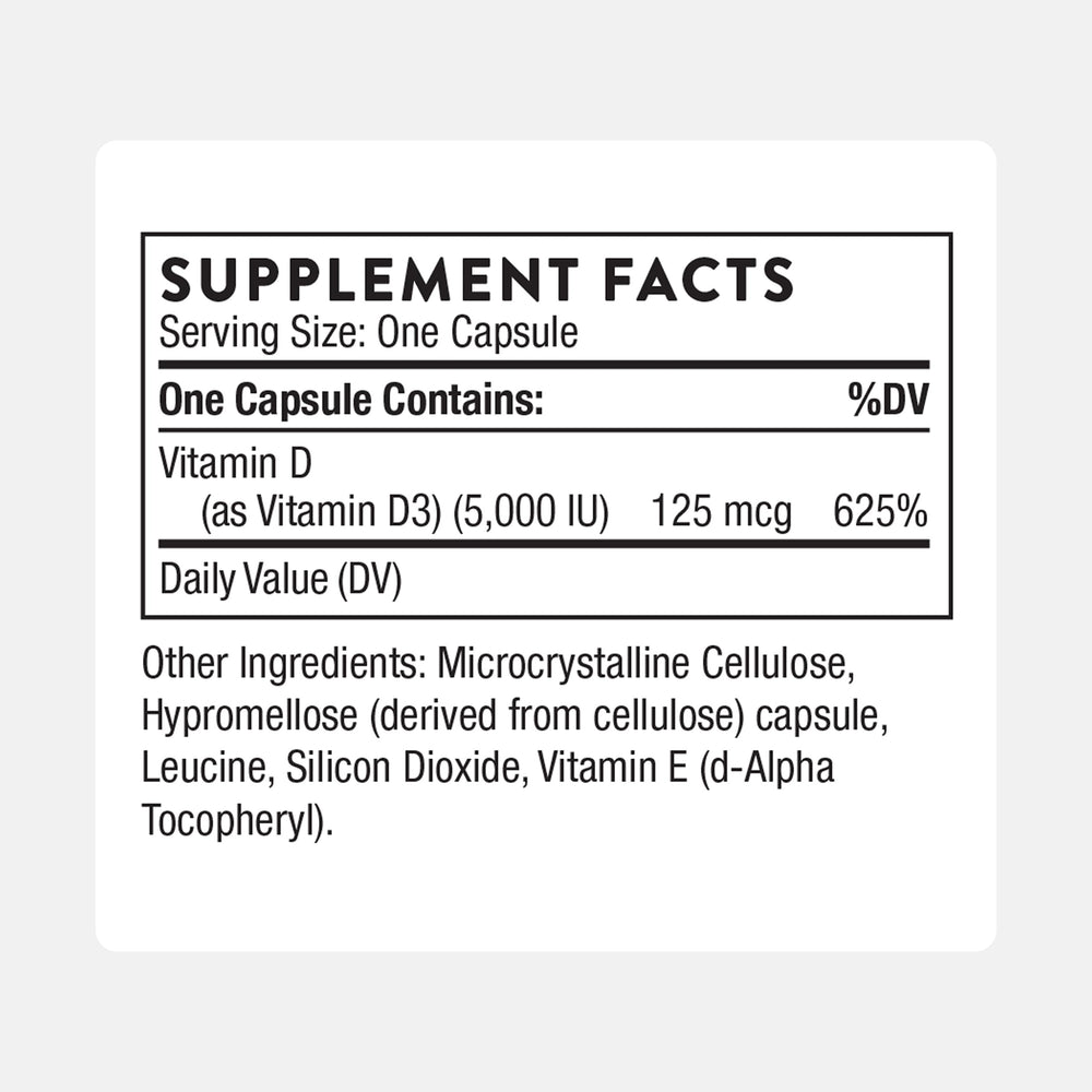 Front label of Thorne Vitamin D-5000 D3 bottle