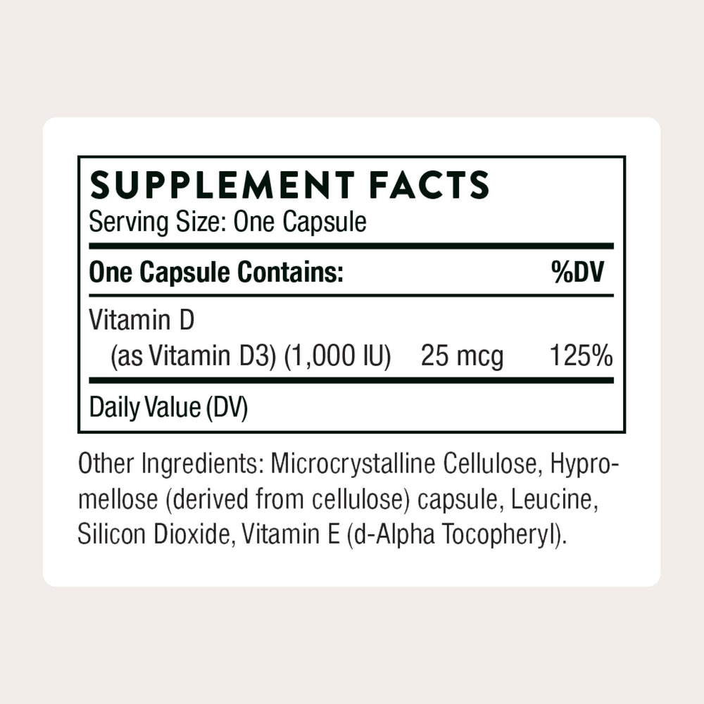 Back label of THORNE Vitamin D3 bottle showing supplement facts