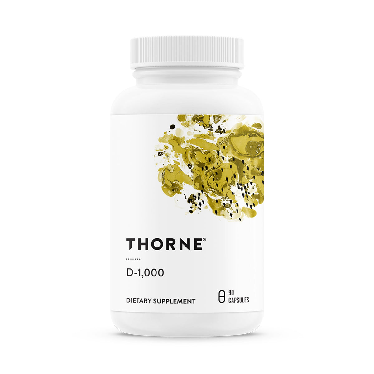 Front view of THORNE Vitamin D3 1000 IU bottle with 90 servings