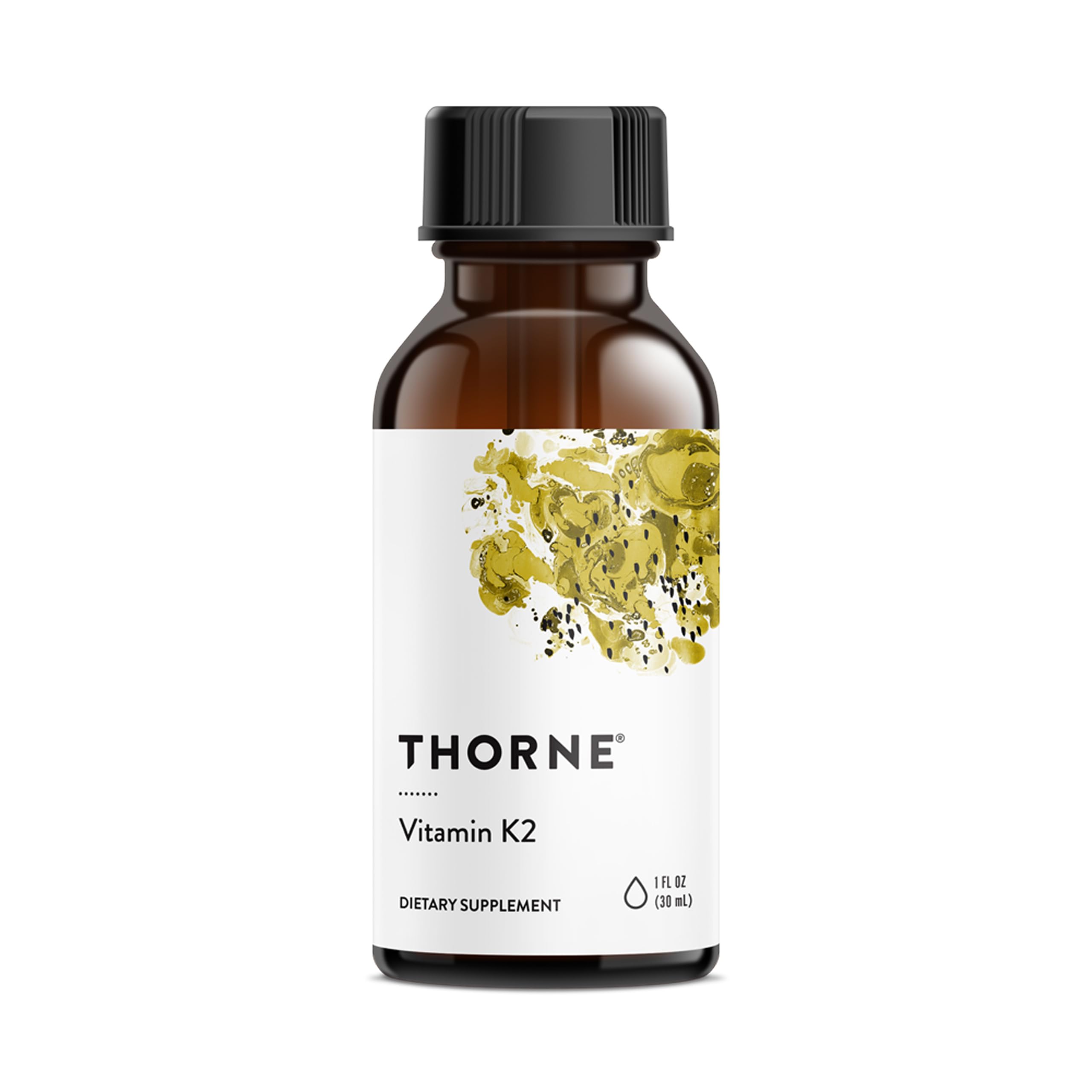 THORNE Vitamin K2 Liquid bottle front—everyday bone support with precise 1 mg drops.
