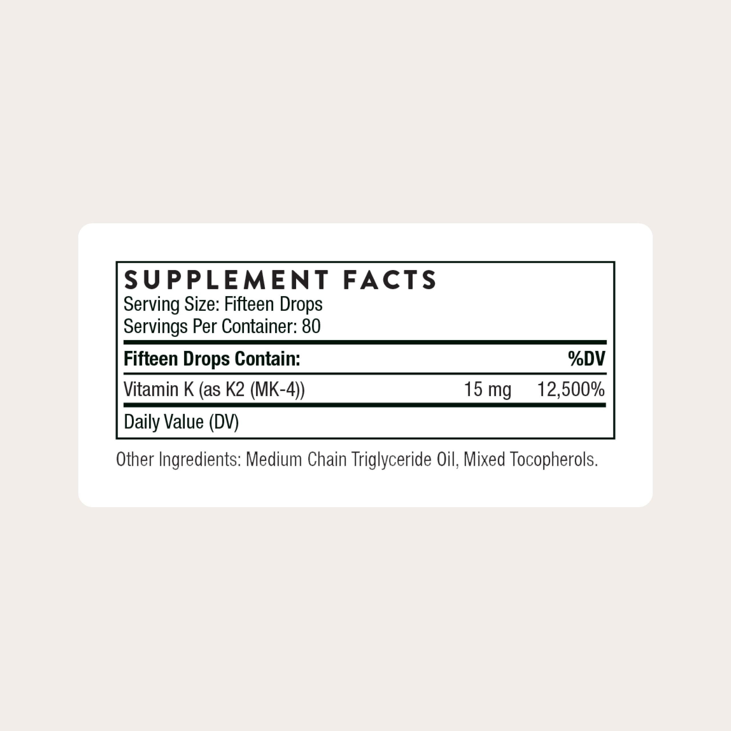 THORNE Vitamin K2 Liquid dropper dispense—customizable dosing for heart and bone support.