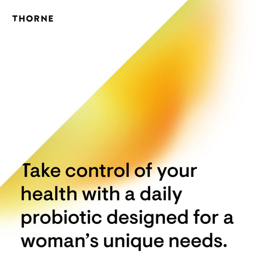 Close-up of THORNE bottle and label for shelf-stable probiotic