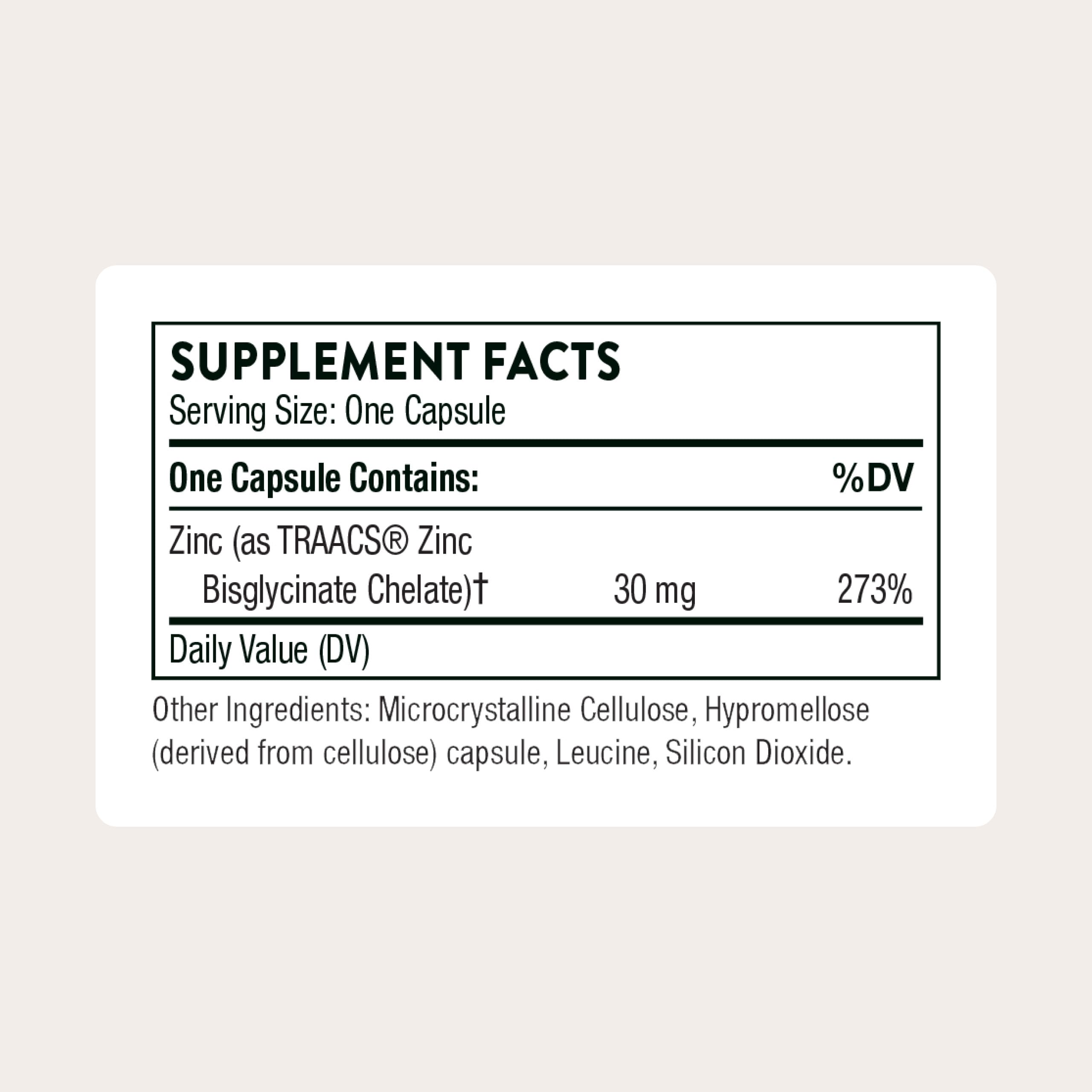 Thorne Zinc Bisglycinate 30mg bottle – back label with supplement facts