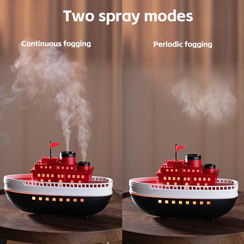 Thoughtalk cartoon ship diffuser dual-hole outlets and 300ml tank support extended aromatherapy sessions.