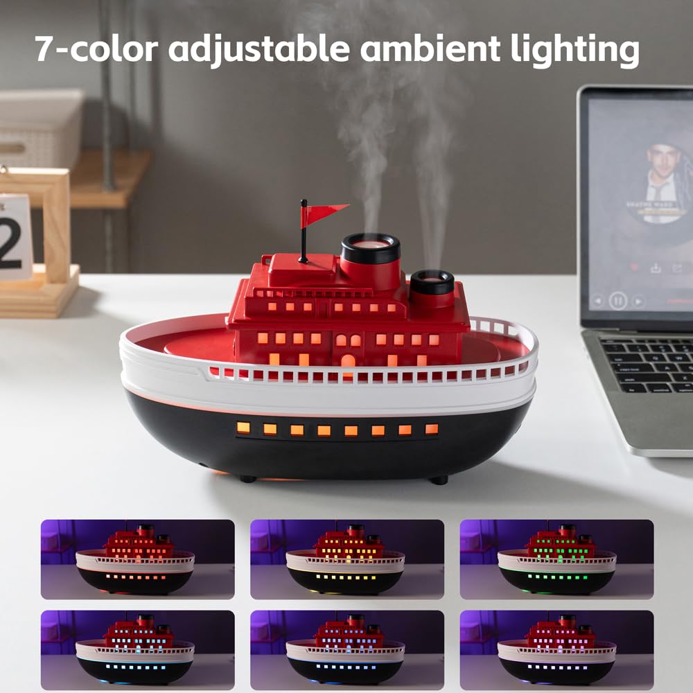 Thoughtalk cartoon ship diffuser night lights glow softly while remaining whisper-quiet.